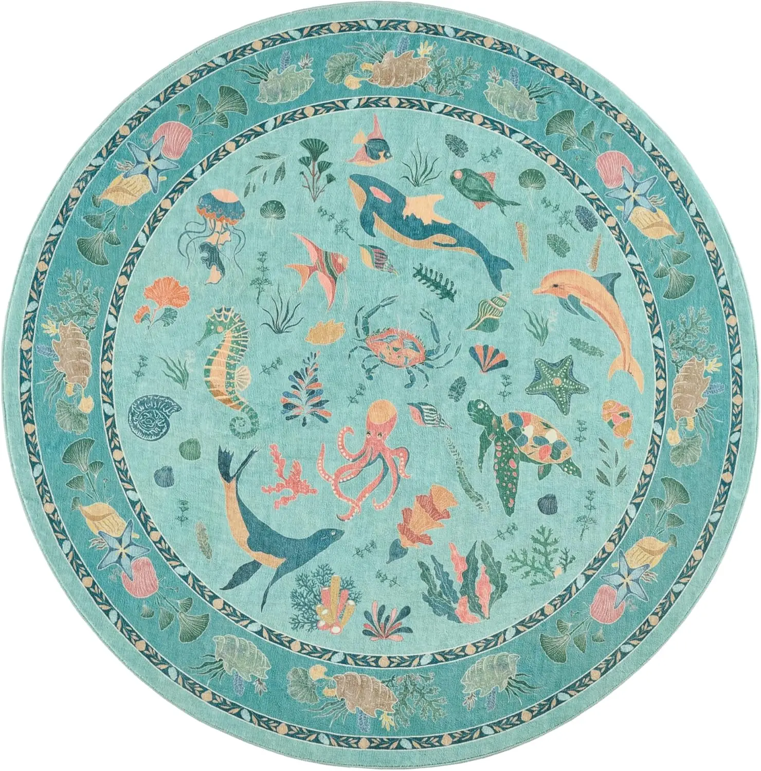 Teal Ocean Life Round Rug Vibrant Sea Creatures Jellyfish Dolphin Turtle and Coral
