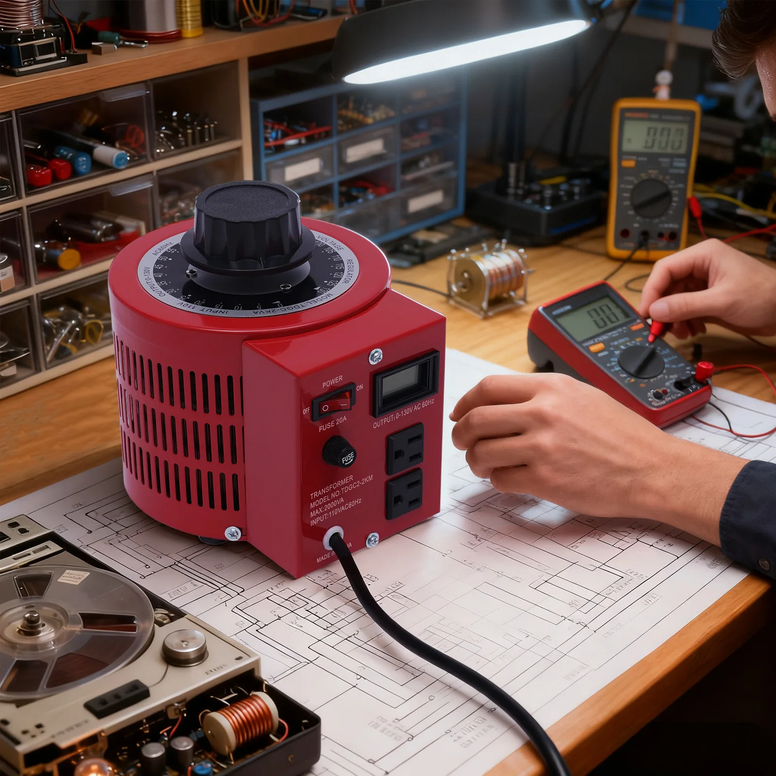 

TFJC2-2KM Variable Transformer 2000VA 110V 60hz Varic 0-130 Volt Adjustable Output Variable AC Voltage Regulator With US Plug