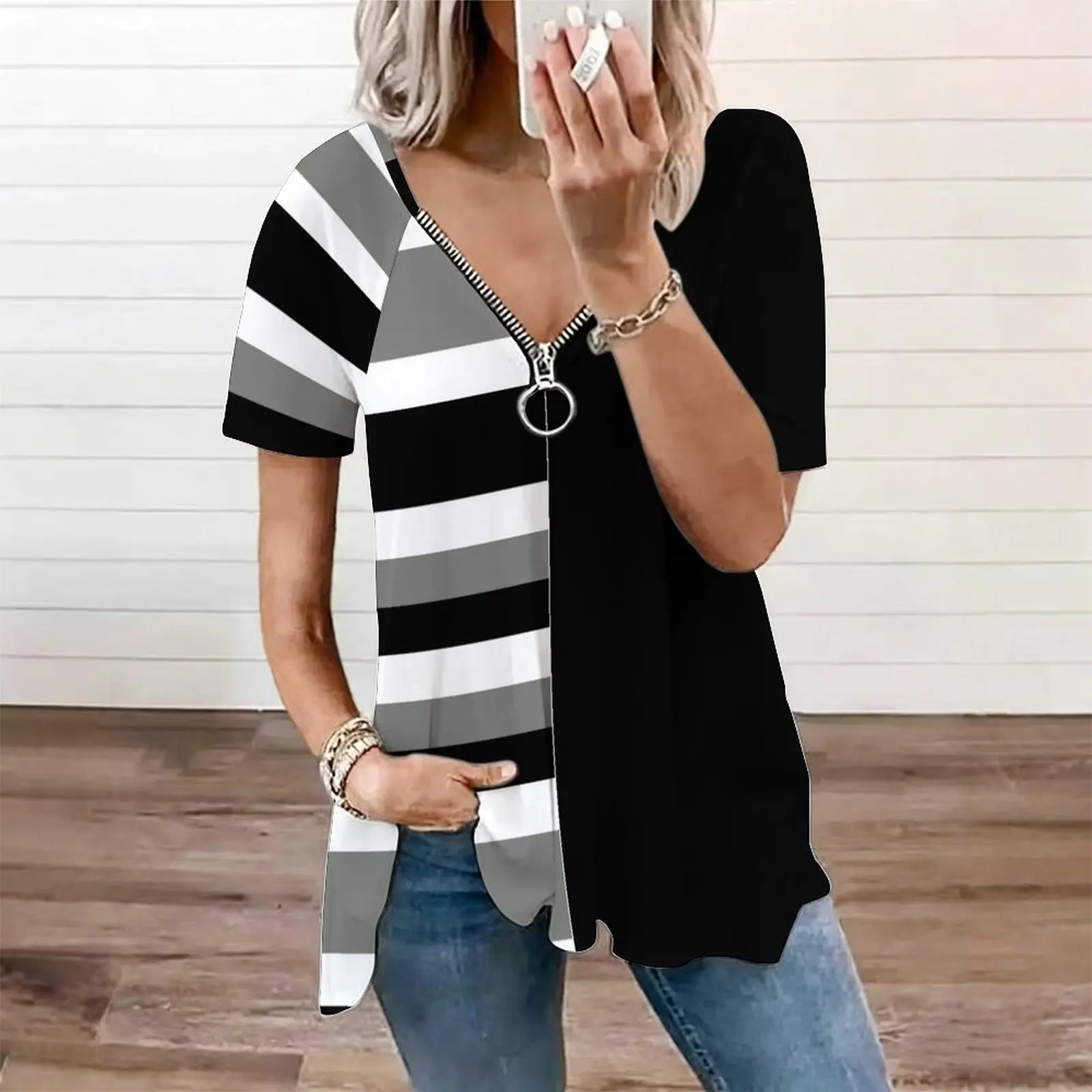 Women Cross Letter Print Zip V Neck Irregular Hem Short Sleeve Casual Tunic Tops