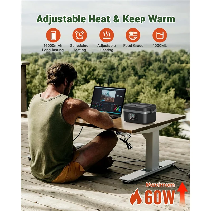 B98A-صندوق غداء كهربائي لاسلكي قابل لإعادة الشحن للبالغين، 16000 مللي أمبير في الساعة لتدفئة الطعام ذاتية التسخين للمكتب والسيارة والخارج #3