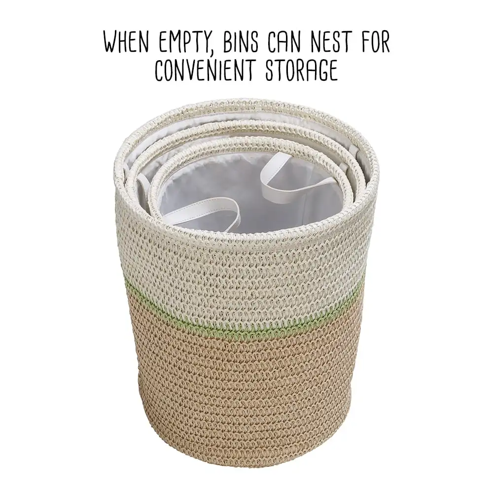 Paper Straw Set of 3 Nesting Storage Baskets with Handles, Natural/Green