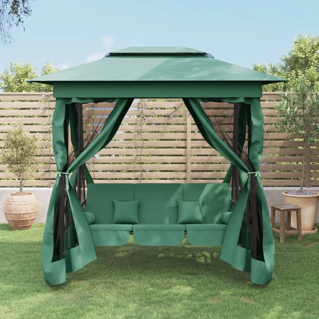 Gazebo de jardin, banc pivotant convertible, tissu vert, balançoires de Patio en acier, extérieur pour arrière-cour avec enfants, mobilier d'extérieur