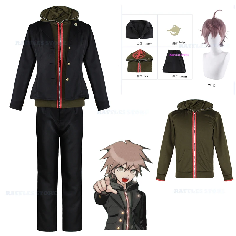 Gioco Anmie Danganronpa 3 Naegi Makoto Costume Cosplay Parrucca con cappuccio da uomo Mantello Set completo Halloween Party Gioco di ruolo Costume di carnevale