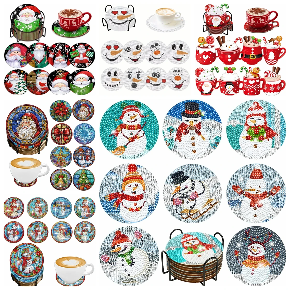 8pcs/Set DIY Diamond Art Christmas Coasters with Holder Anti Slip Wood Drip Mats Diamond Painting Christmas Coasters for Adults