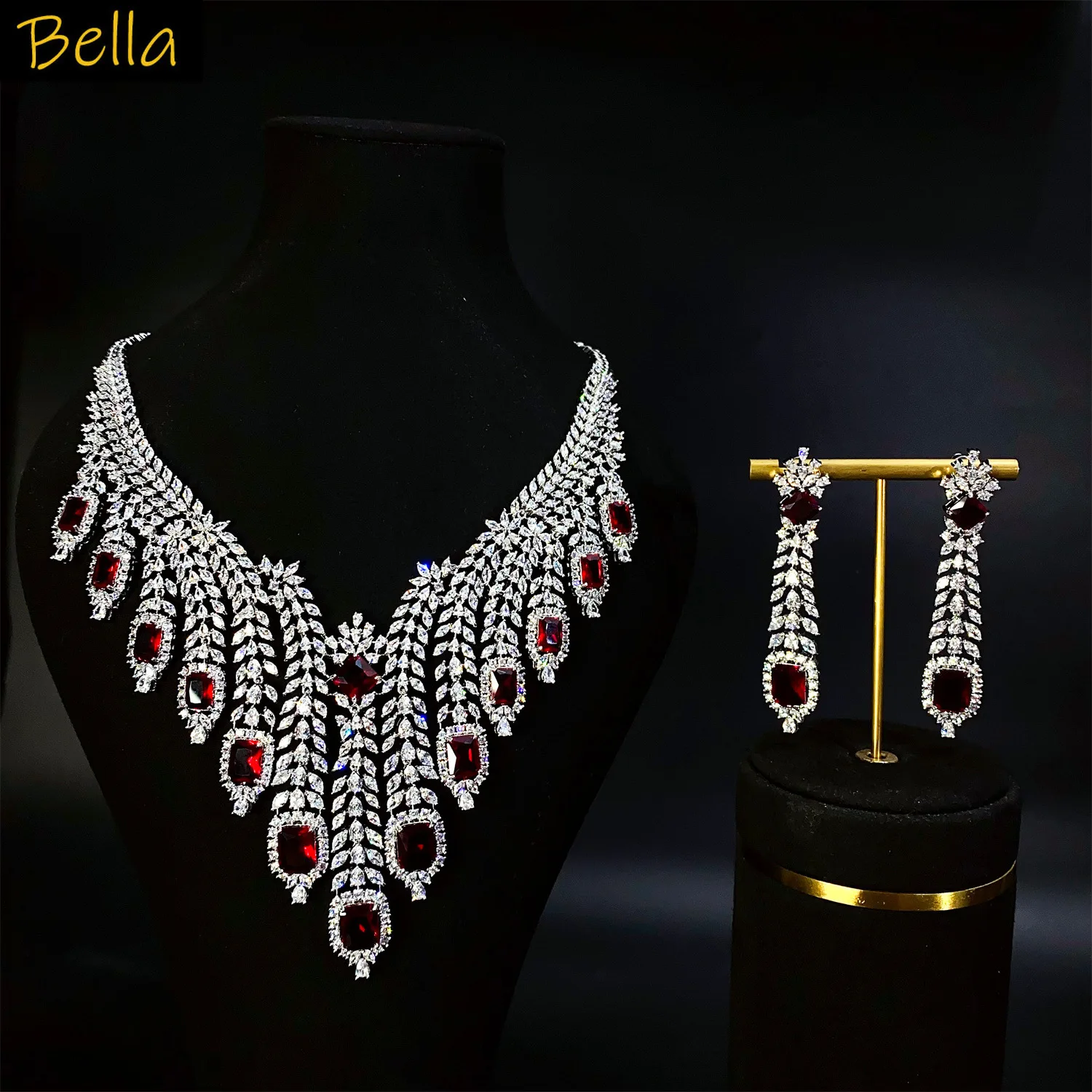 

Gorgeousjewelry set 2pcs large feather necklace earrings bride wedding Dubai Arab jewelry red green blue white Cubic Zirconia