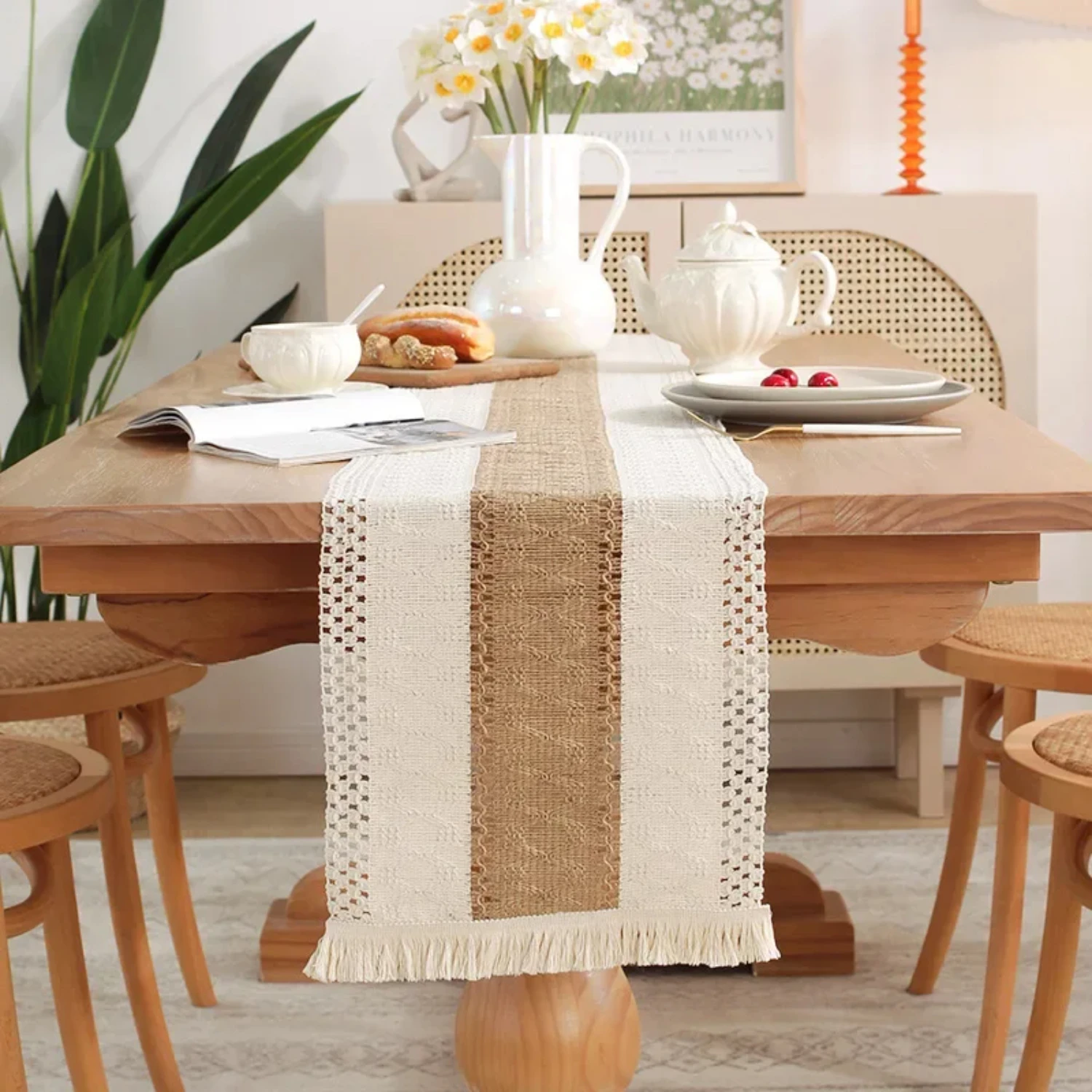 Nordic Style Long Coffee Table Cloth for Living Room TV Cabinet, Elegant Cotton and Linen Material Table Napkin Set with Ins Tab