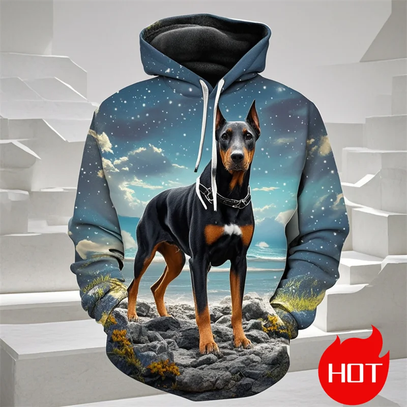 Harajuku 3D Doberman Patterns Printing Hoodies Kid Fashion Cool Streetwear Hooded Hoody Unisex Doggy Pullovers Mens Clothing Top