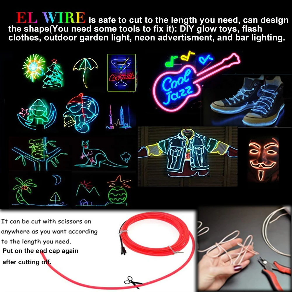 EL Wire-cable de luz de neón con reducción de ruido, paquete de 7, 9ft/16,4ft, paquete de batería para fiesta de Halloween, decoración de vacaciones, bricolaje