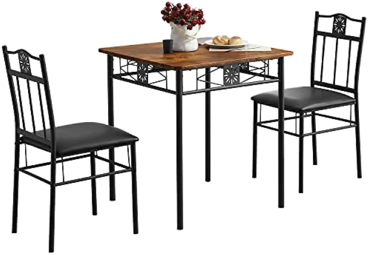 

3-Piece Kitchen Dining Room Table Set for Small Spaces, PU Padded Chairs, Retro Brown