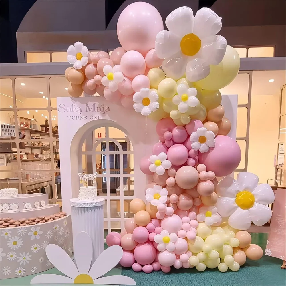 139Pcs Daisy Balloon Garland Arch Kit Macaron Pink And Yellow Groovy Party For Baby Shower Wedding Birthday Sunflower Decoration