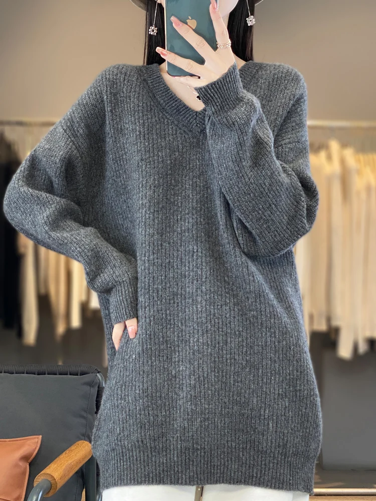 Women's 100% Merino Wool Sweater, V-Neck Pullover, Long Length,Large Size, Knitted, Fall, Winter, Thick Warm Top, Casual Fashion