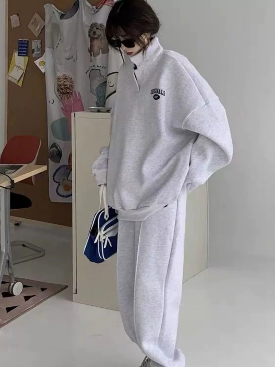 Korean Women Pants Set Solid Tops Half High Collar Hoodies Sweatshirt Print Loose Sweatpants Fashion Tracksuit Female 2pcs Set