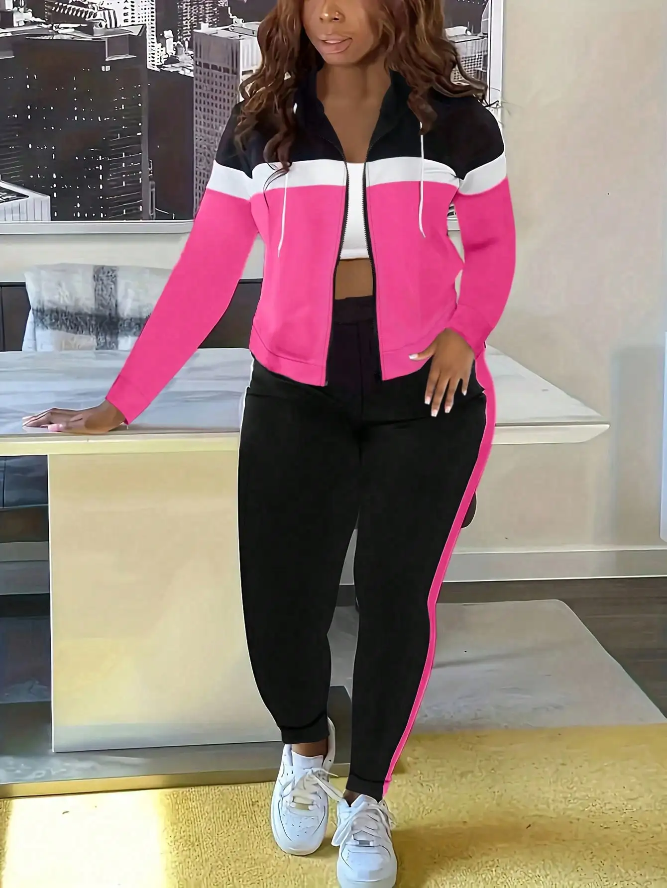 

Women's Color Block Hooded Zip-Up Sweatshirt and Jogger Pants Set