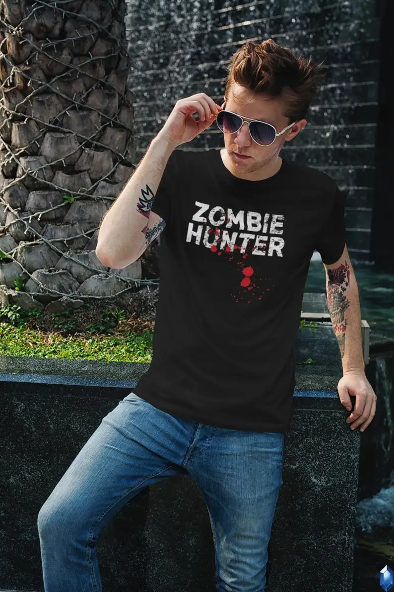 Zombie Hunter T-Shirt Unisex Adult Funny Sizes Halloween Blood Splatter 2022