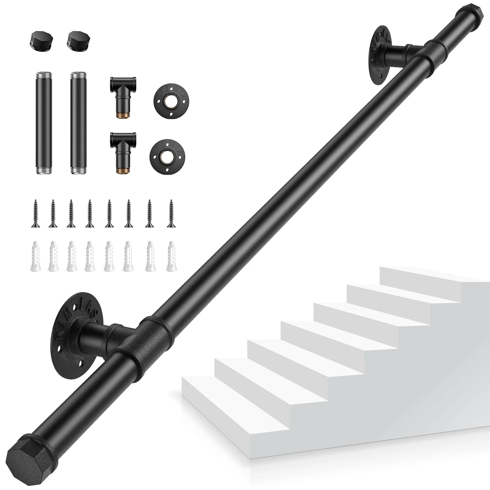 Wall-mounted Metal Stair Corrimão, Black Pipe, Idosos Grab Bars, Metal Trilho para Uso Interior e Exterior, 1m