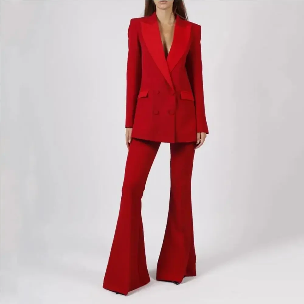 Fashion Elegant Red  Women\'s Suit Two-pieces (Jacket+Flared Pants) Set New Fashionable Leisure Female Clothing