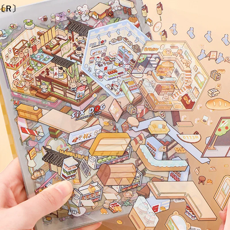 

Набор из 1 книги-альбома с мультяшными пейзажными наклейками: DIY 3D-наклейки с милыми домиками и сценами, наклейки-пазлы, игрушки-наклейки, праздничные подарки