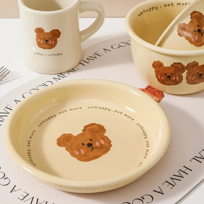 Cute Bear Tableware Korean Ins Style Ceramic Bowl Set Croissant Plate Dish Soup Bowl