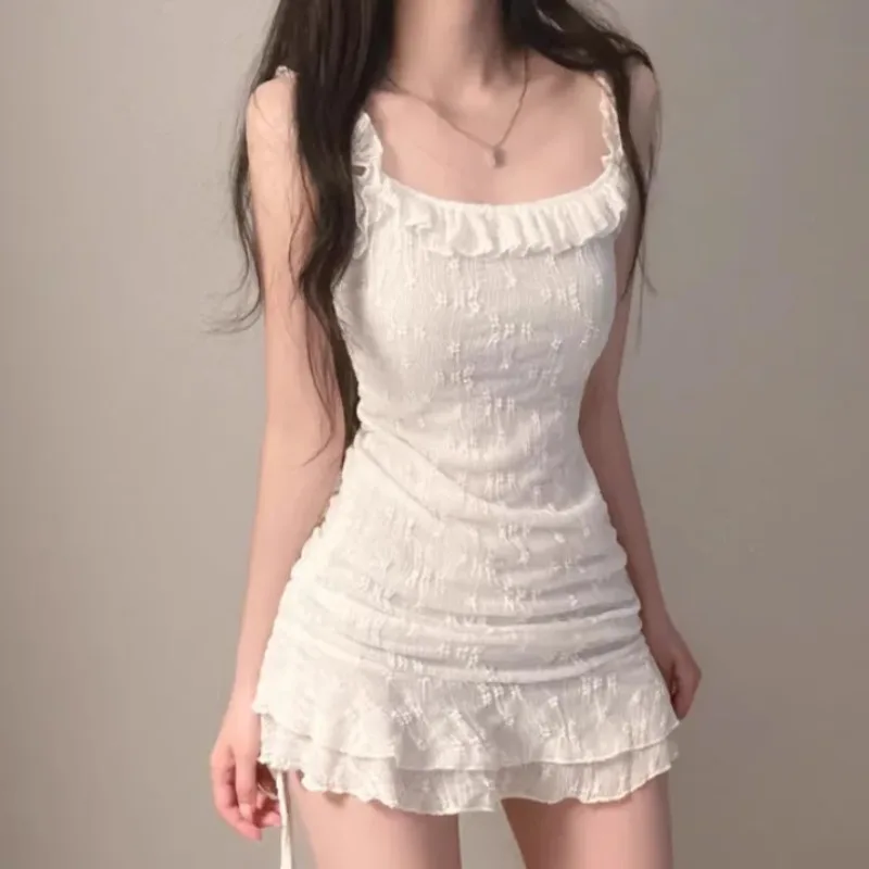 Coreano chique em camadas babados vestido de uma peça verão sexy pescoço quadrado festa vestido fino feminino cordão roupas casuais