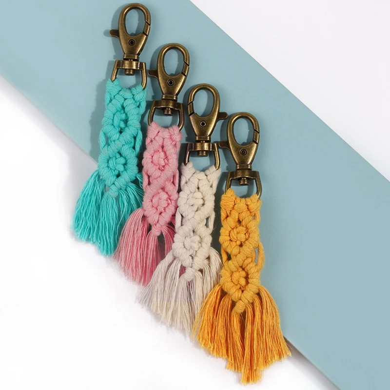 Mini Boho Macramé Chaveiros Kits com borlas, artesanal, chave do carro, bolsa, telefone, carteira, presente de casamento