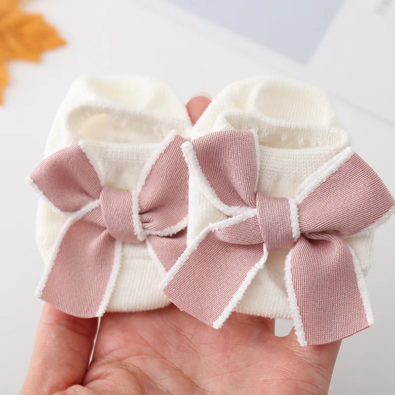 New Fashion Baby Girls Socks Cute Large Bowknot Non-Slip Letters Soft Lightweight Floor Socks White Pink 0 Months-3 Years