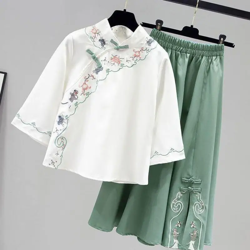 

Elegant Hanfu Women's Summer New Butterfly Sweet Chinese Suit Embroidered Top Suit Hanfu Blouse Skirt Two-piece Set Large Size