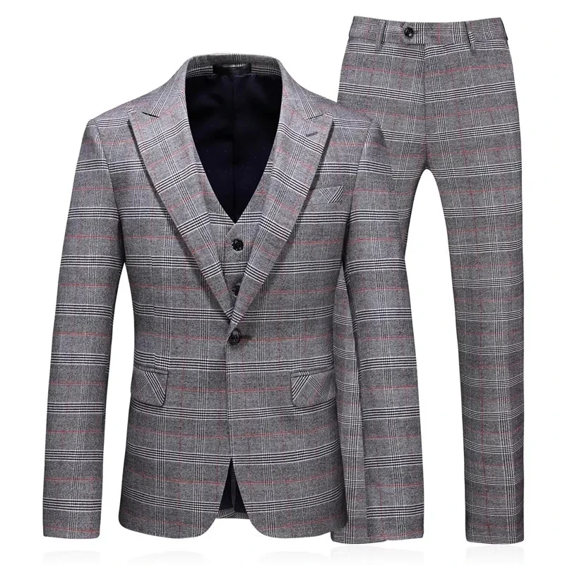 

T370 Blazer Vest Pants Boutique Fashion Plaid Formal Business Office Men's Suit Groom Wedding Dress Party Male