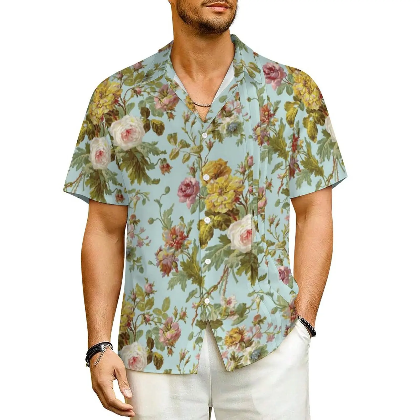 

Hawaii Shirt Vacation Stylish Baroque Floral Blouses Vintage Pink Roses Cool Casual Shirts Men Short Sleeves Plus Size Clothing