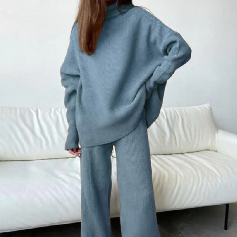 Jocoo Jolee Women Knitted Suit Soft Turtleneck Long Sleeve Sweater Wide Leg Pants Commuter 2 Pieces Sets Autumn Winter Homewear