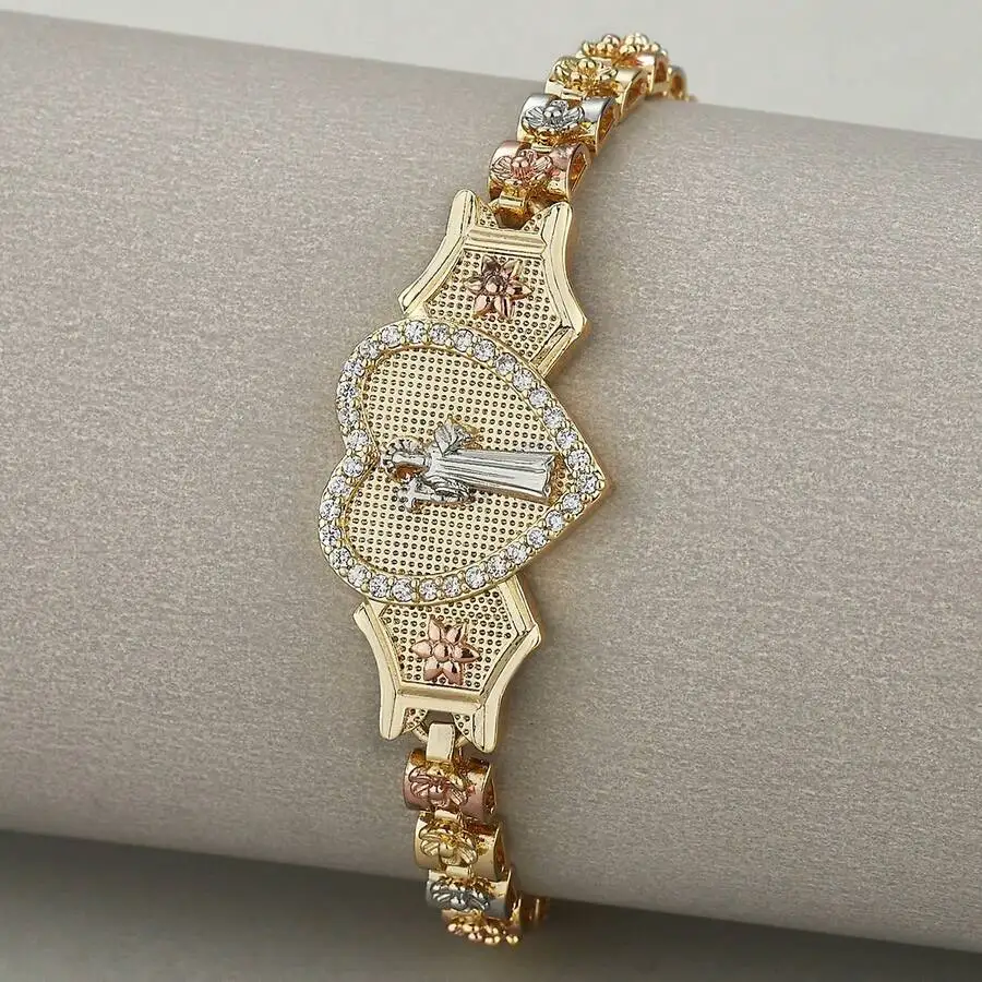 

18k Tri-Color Electroplated Nickel-Free Hypoallergenic Heart & Flower Chain Bracelet