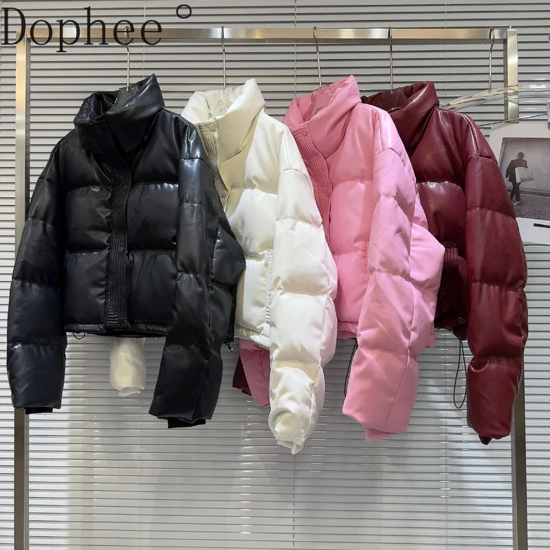 2024 New Autumn Winter 90% Whiter Duck Down Coat Women Elegant PU Leather Warm Parkas Stand Collar Spice Girls Loose Down Jacket