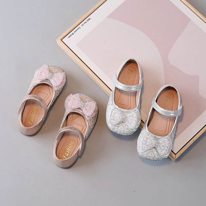 Girls Sandals Silver Rhinestone Bowknot Middle and Big Kids Mary Jane Shoes Pink Fashion Non-slip Soft Kids Sandals Girls Shoes