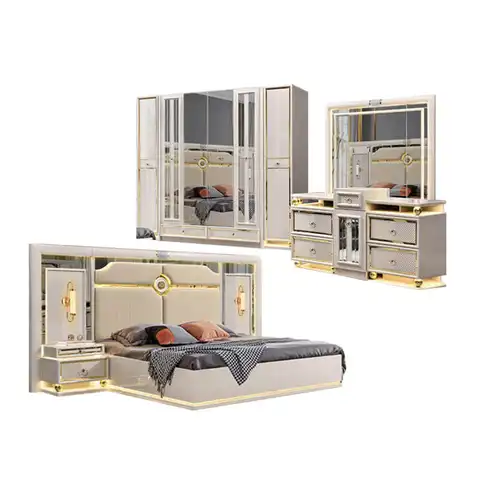 Wooden Frame White Double Leather King Size Bed Home Suite Master Room Modern Luxury Wood Mdf Full Bedroom Furniture Set