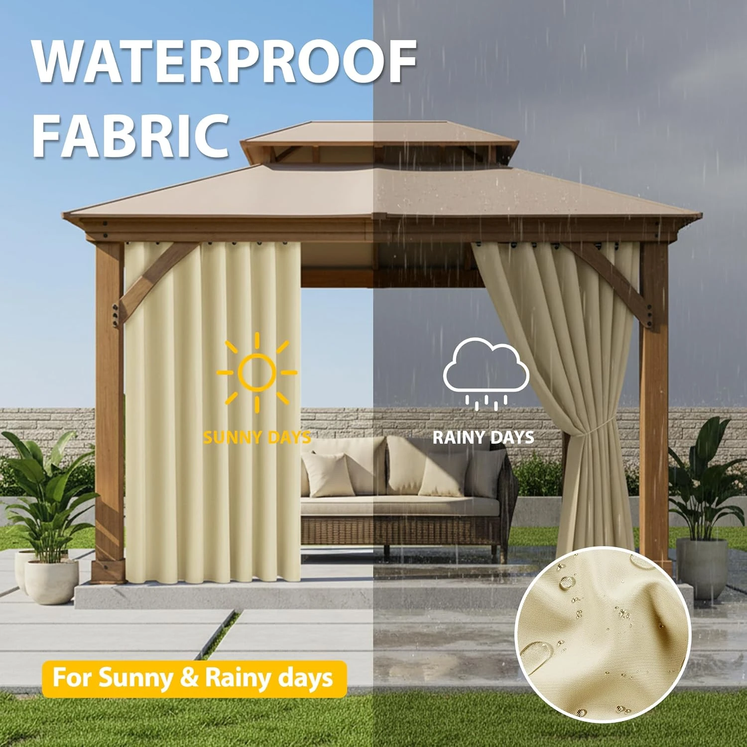 Waterproof Outdoor Curtains for Patio, Premium Thick Privacy Weatherproof Grommet Outside Curtains for Porch, Pergola, Cabana