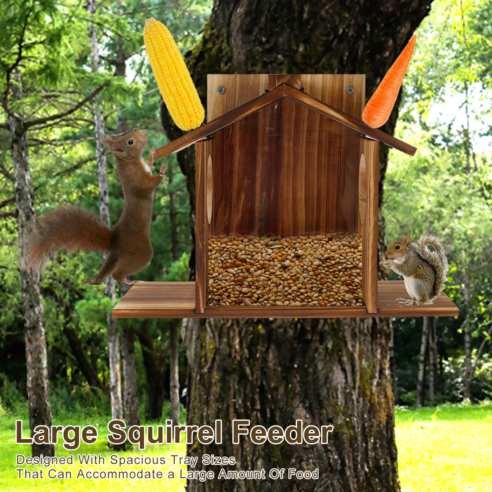 1PC Squirrel Feeder Wooden Squirrel Bird Feeder Large Capacity Creative Animal Feeder Squirrel Non-Burr Hanging Feeding Stations