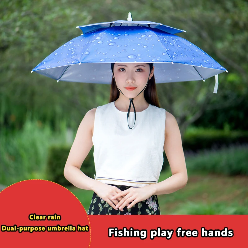 Rain Umbrella Hat Foldable Sun Shade Waterproof Fishing Headwear Cap Beach Head Hats Double-Layer UV Protection Sunscreen