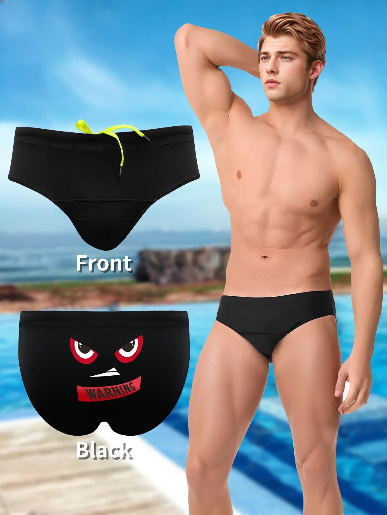 Sporty Men's Swimwear Quick-Dry Stretchy Fabric Secure Waistband Cheeky Printed Swim Shorts for Surfing Travel Pool Parties