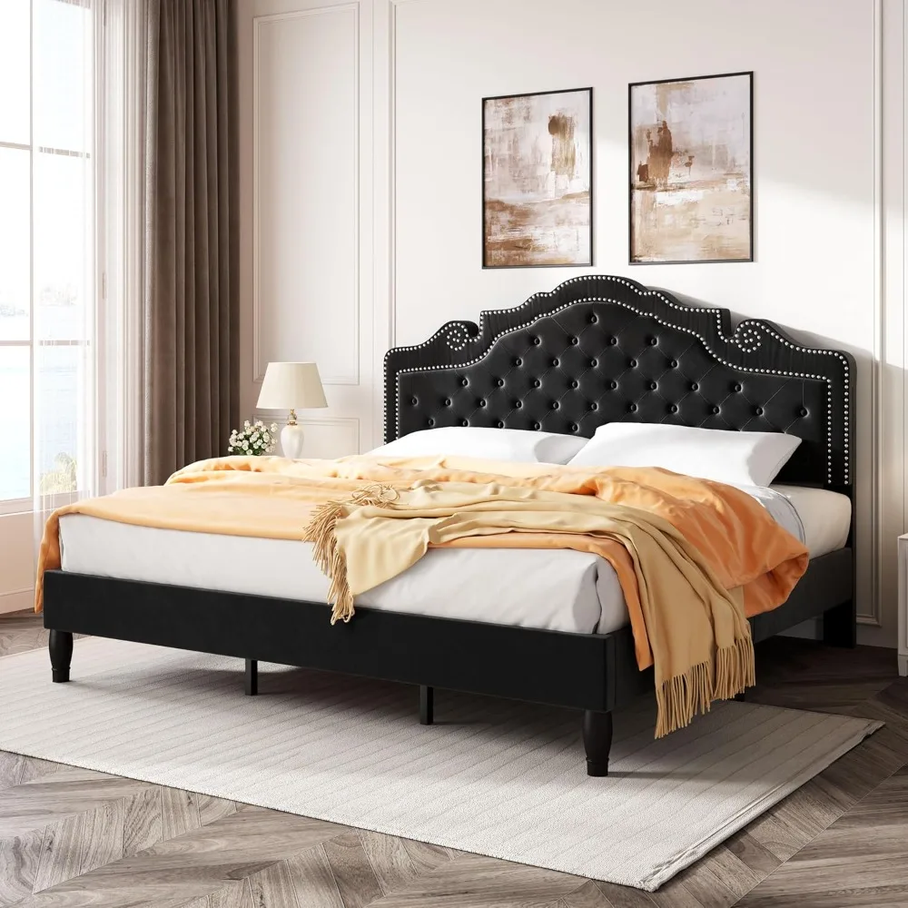 King Size Platfrom Bed Frame with Adjustable Headboard/Velvet Upholstered Diamond Button Tufted and Metal Studs