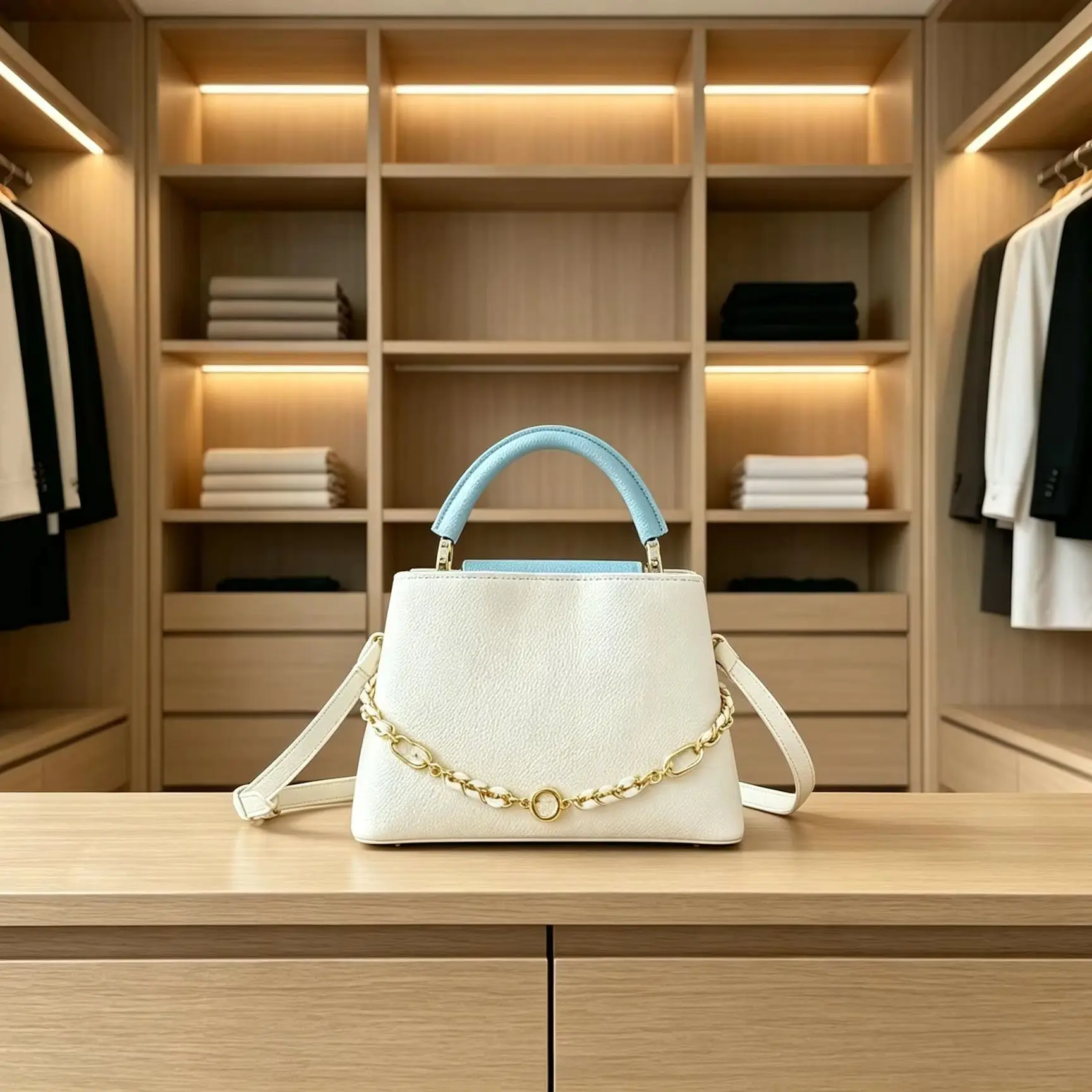 Bolso de mano con asa superior de cuero con textura de piedra blanca, asa de color azul claro en contraste, cadena decorativa y correa para llevar al hombro o cruzado.