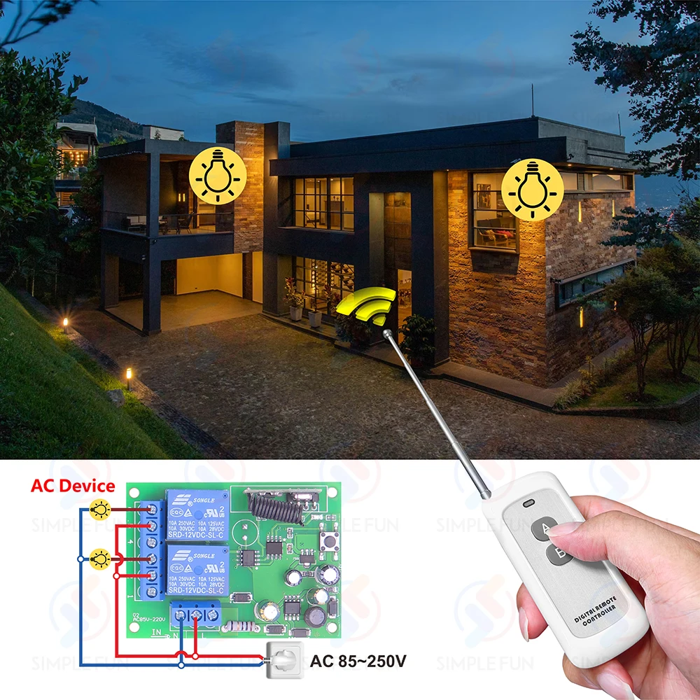 433MHz 2 CH Universal Wireless Remote Control Switch AC 110V 220V Relay Module and 500m Transmitter for Light/Garage Gate/Motor