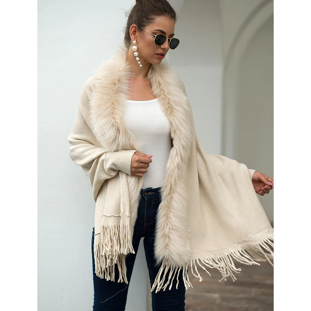 Mia Muse Autumn Winter Women's Cardigan Phocho Cape Open Front Furry Trim Fashion Knitted Clothes