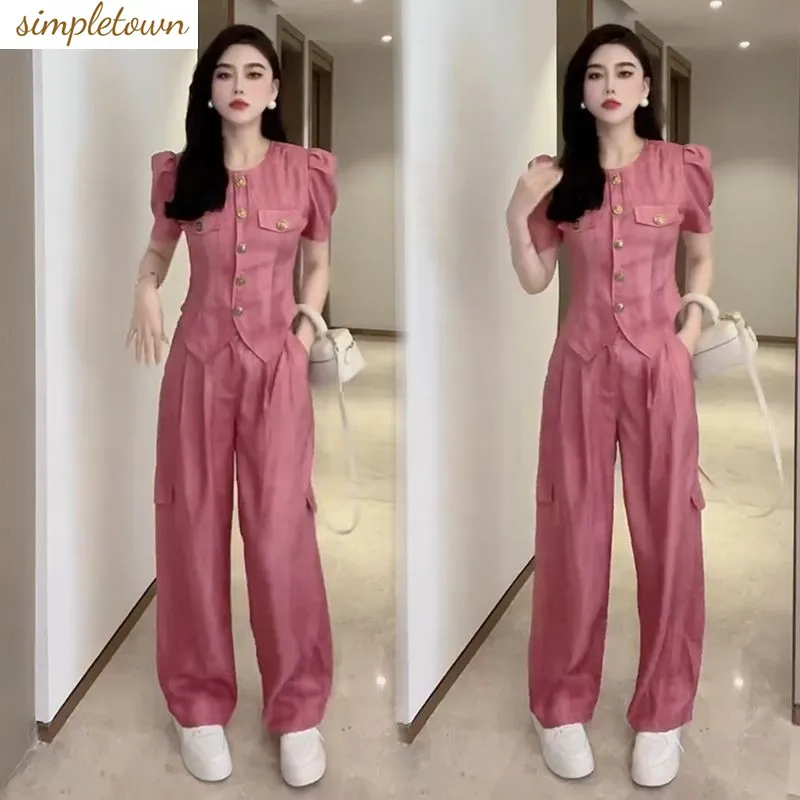 Temperament Small Fragrant Style Set for Women's 2024 Summer Single Breasted Split Shirt+High Waist Wide Leg Pants Two Piece Set