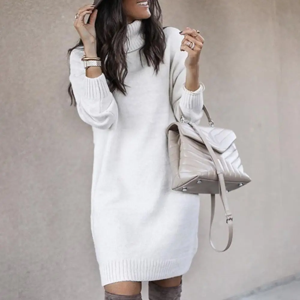 

Women Dress Long Sleeve Knee-length Dress Loose Autumn Turtleneck Warm Knitted Sweater Knee-length Dress