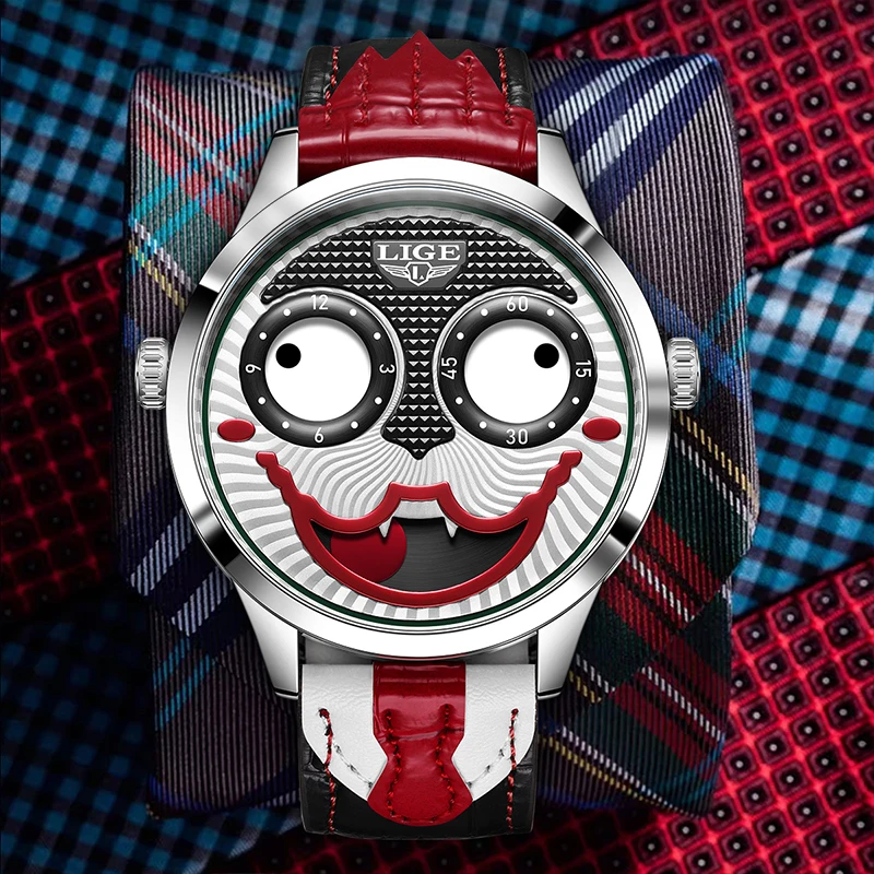 LIGE Creative Man Watches For Men Clown Fashion Wristwatches Waterproof Leather Strap Mens Quartz Watch Cool Joker Reloj Hombre
