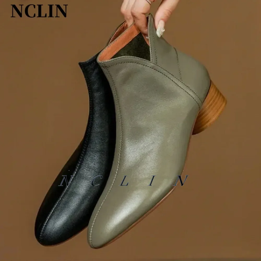 NCLIN-Botas de piel auténtica con cremallera trasera para mujer, zapatos cálidos de tacón grueso con punta redonda, elegantes y concisos, para boda y oficina