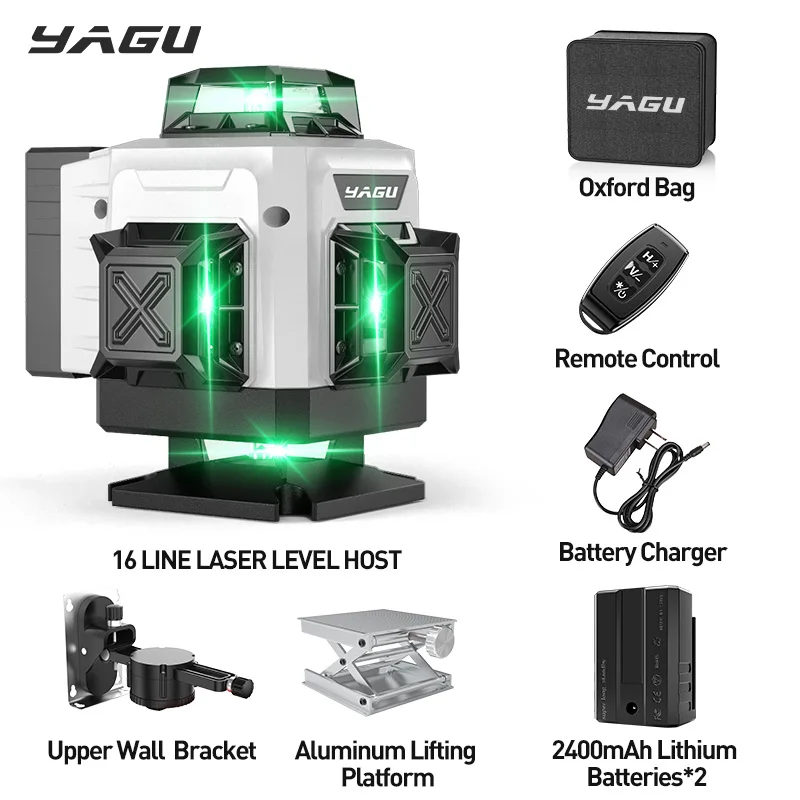 

YAGU 16 Lines Laser Level Self-leveling Green Cross Laser Tool With Vertical And Horizontal Lines 4x360° Degree Rotation