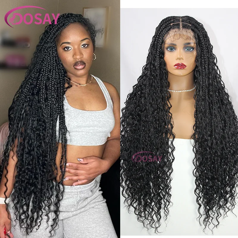 32 Inch Boho Braided Wigs Synthetic 360 Full Lace Front Wigs Bohemian Box Braided Wig Goddess Locs Knotless Wigs With Curly Hair