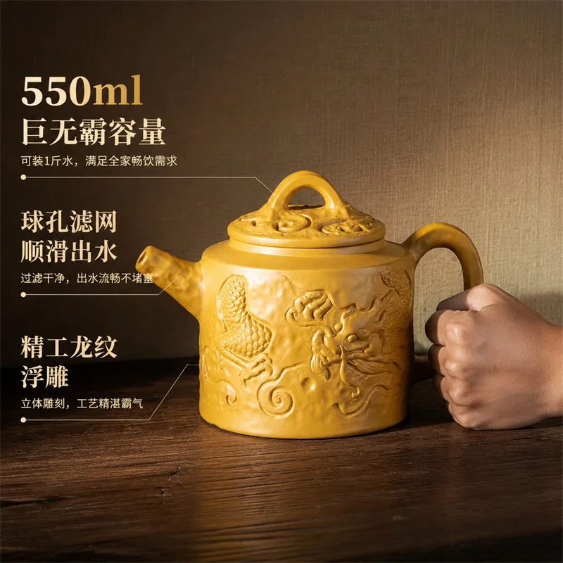 New Chaozhou Zisha Teapot Golden Duan Clay Relief Design Large Capacity Kung Fu Tea Pot with Built-in Filter Home Tea Se