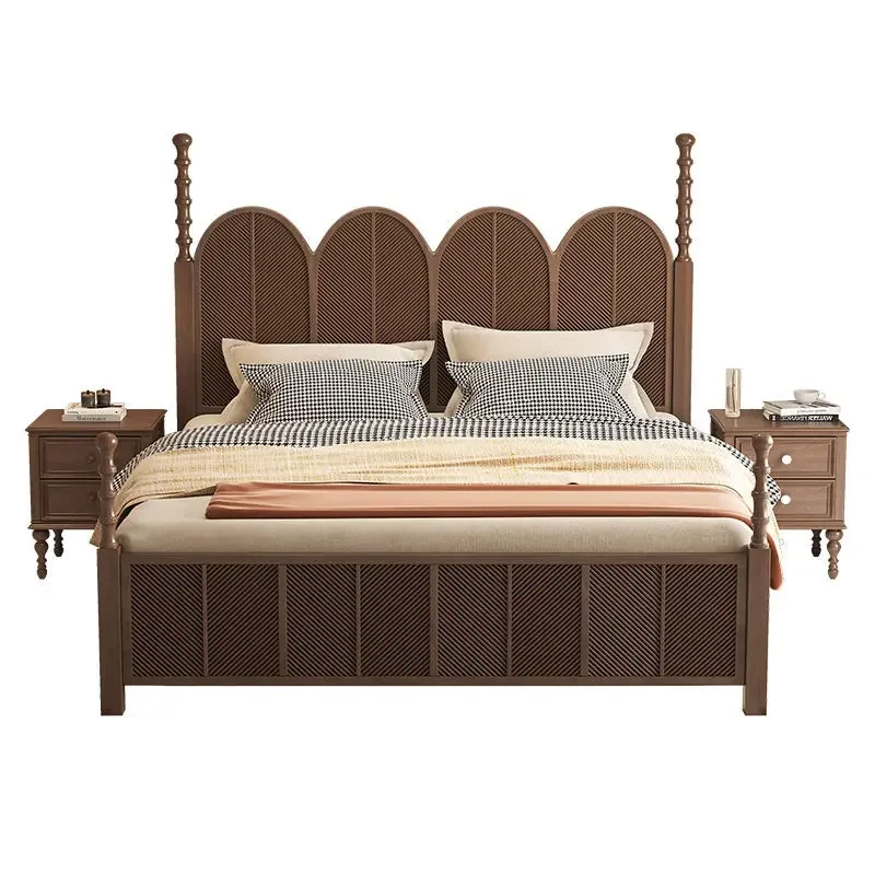 American solid wood be d master bedroom large b ed antique double bed light French retro carved wedding bed Roman column Amy bed