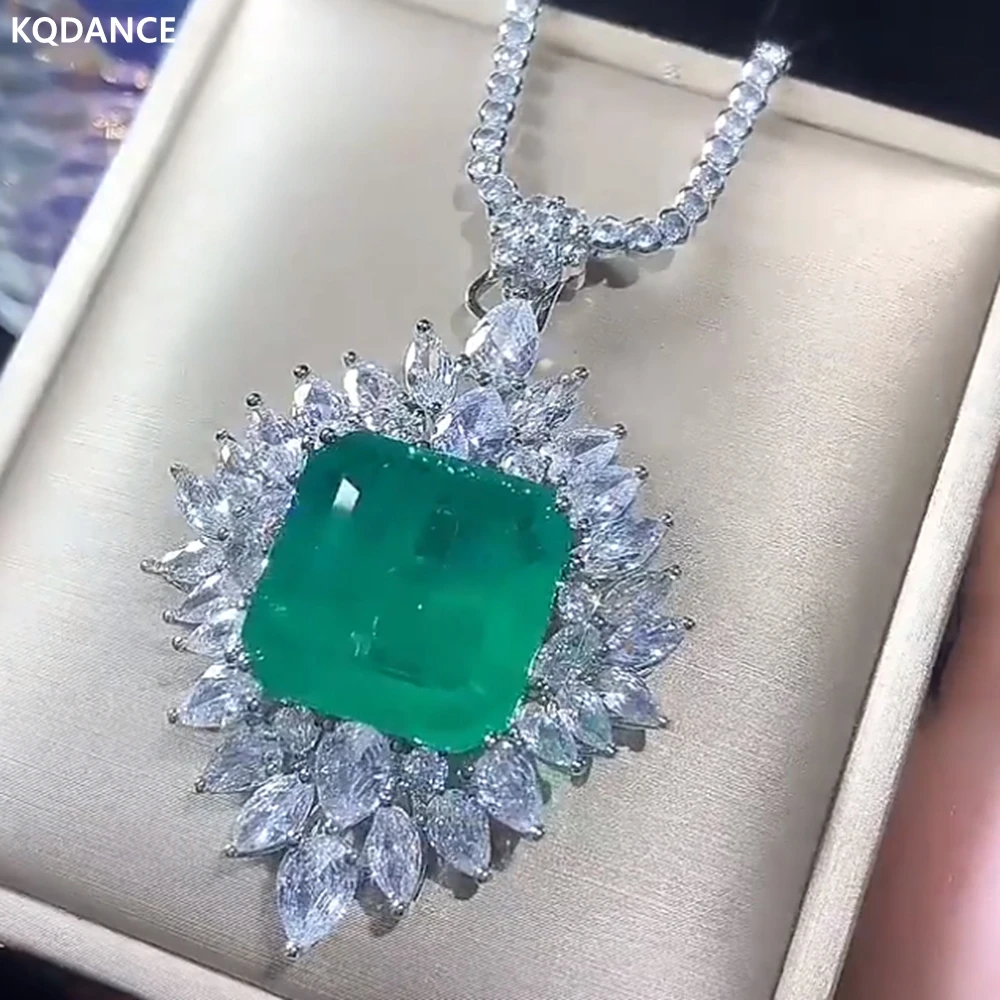 KQDANCE Lab Emerald Paraiba Tourmaline Gemstones Diamond All-matching Tennis Chain Necklaces With Big Blue/Green Stone Jewelry